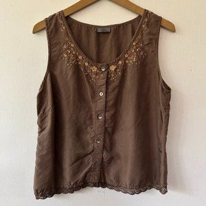 J.Jill Sleeveless Silk Blouse Womens Medium Brown Button Front Y2K Embroidered